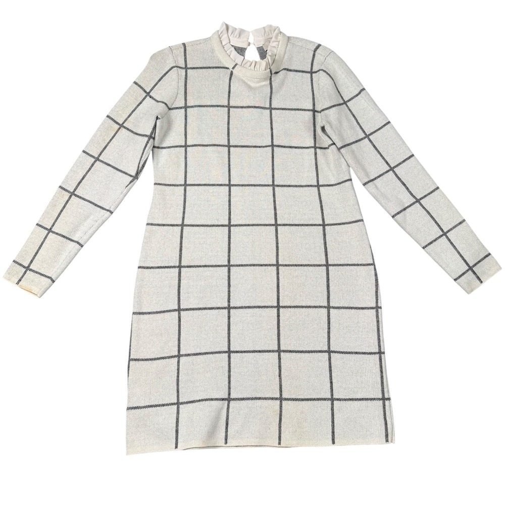 LOFT Womens Windowpane Plaid Ruffle Neck Long Sleeve‎ Sweater Dress  Size M 705